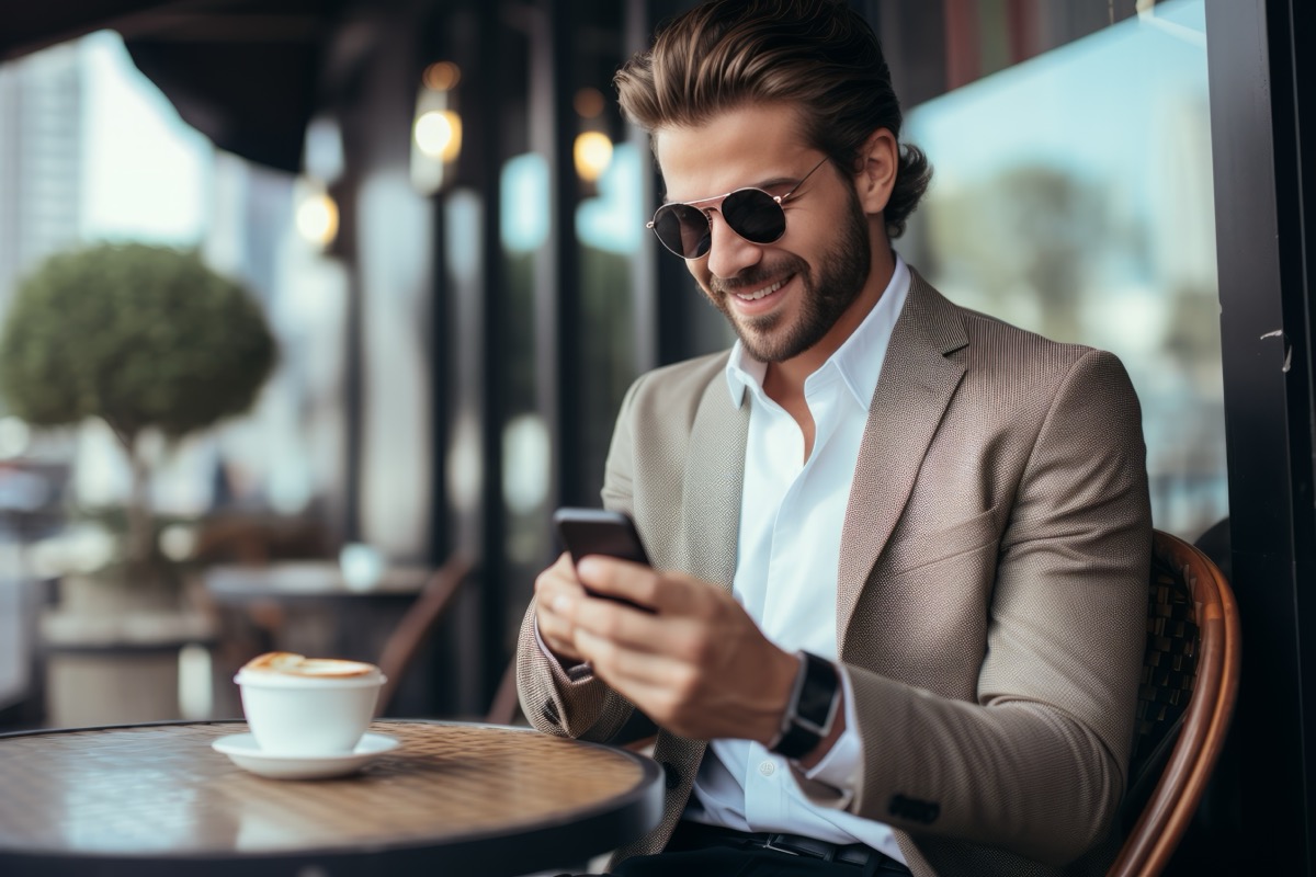 A Calgary adult comparing dating platforms on a phone over coffee